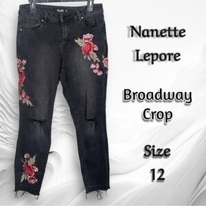 Nanette Lepore Broadway Crop Stretch Embroidered Floral Distressed Jean Size 12
